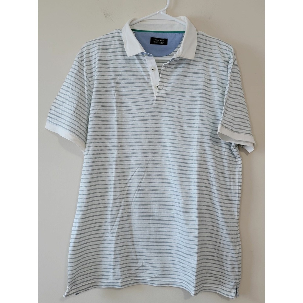 ZARA MAN Mens Striped Polo‎ Shirt Short Sleeve Blue White Size XL